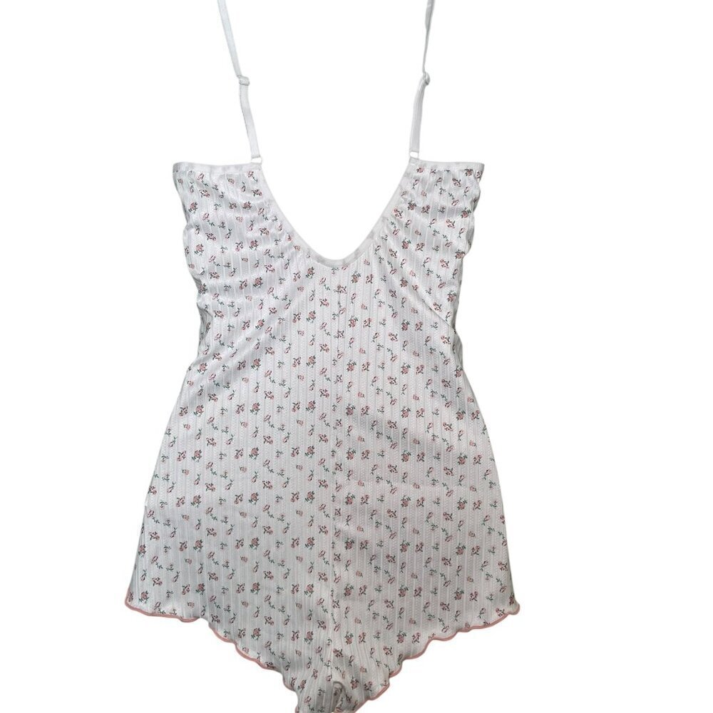Lace Trim Floral Ribbed Knit Romper Bodysuit V Neck Adjustable Straps Size - Picture 2 of 5